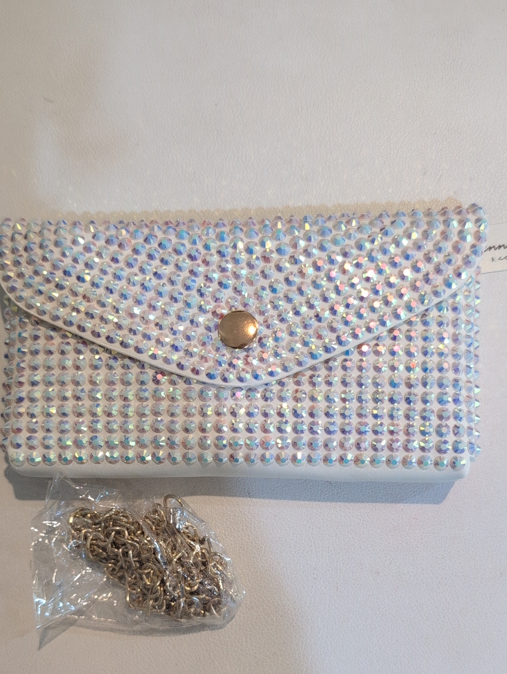 White Iridescent Crystal Clutch with Removable Gold Tone Chain Strap And Belt